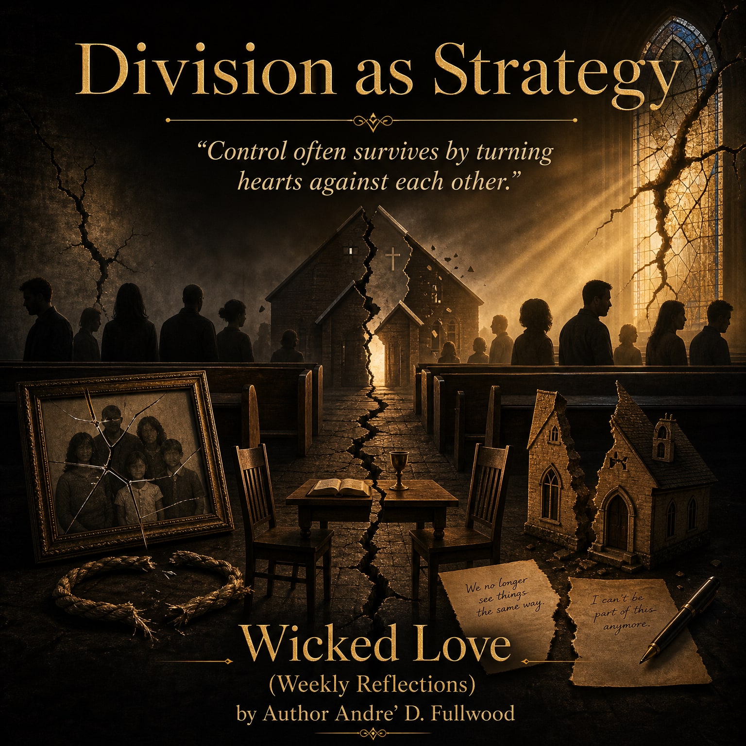 Wicked Love Weekly Reflections Chapter 3 artwork titled Division as Strategy, showing a fractured church, divided congregants, a cracked family portrait, and the words Control often survives by turning hearts against each other.