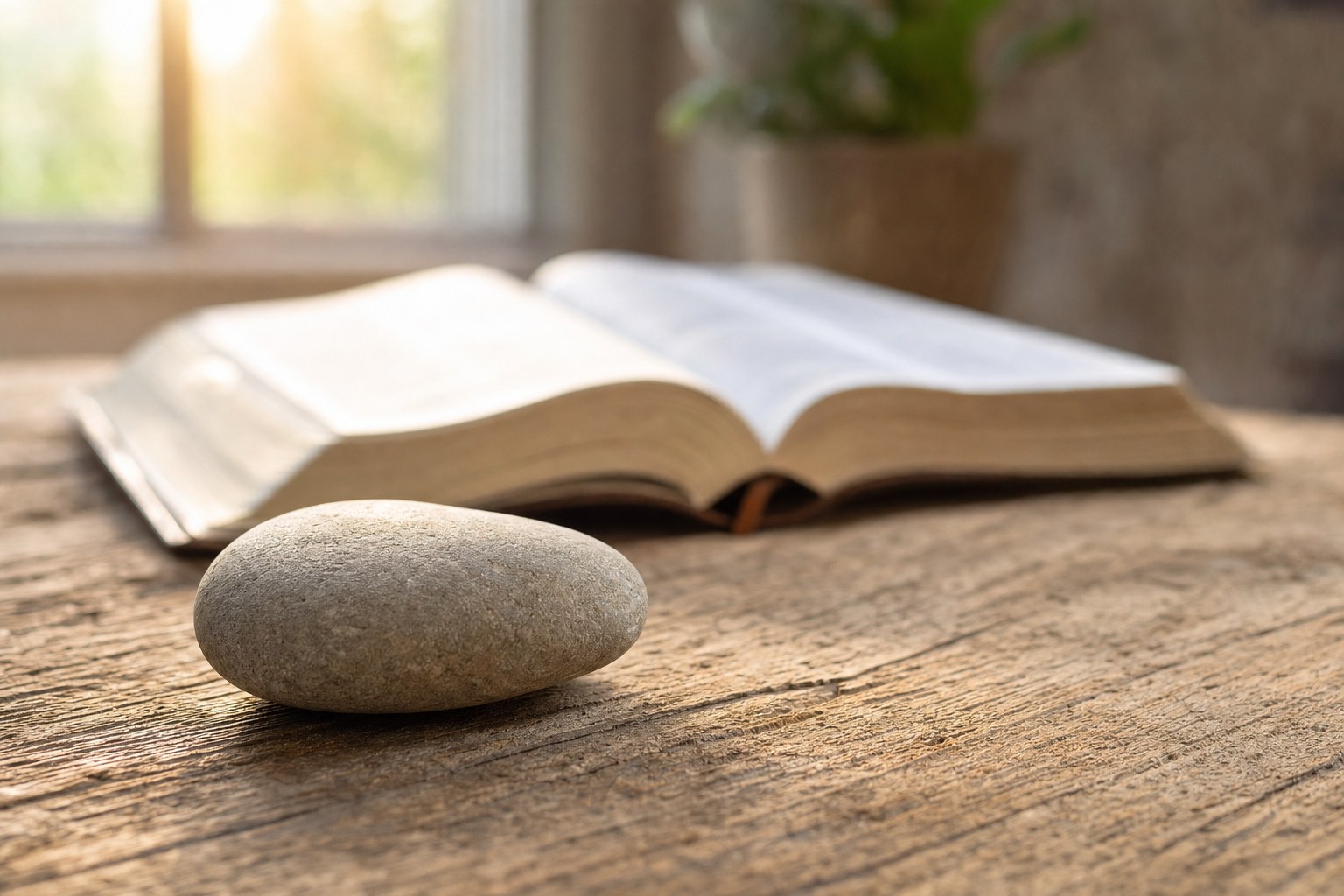 A smooth stone resting on a wooden table beside an open Bible in morning light