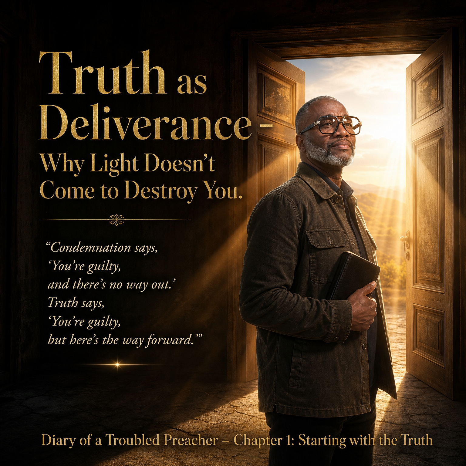 Andre’ Fullwood standing by an open door in warm light, with the title Truth as Deliverance: Why Light Does Not Destroy You
