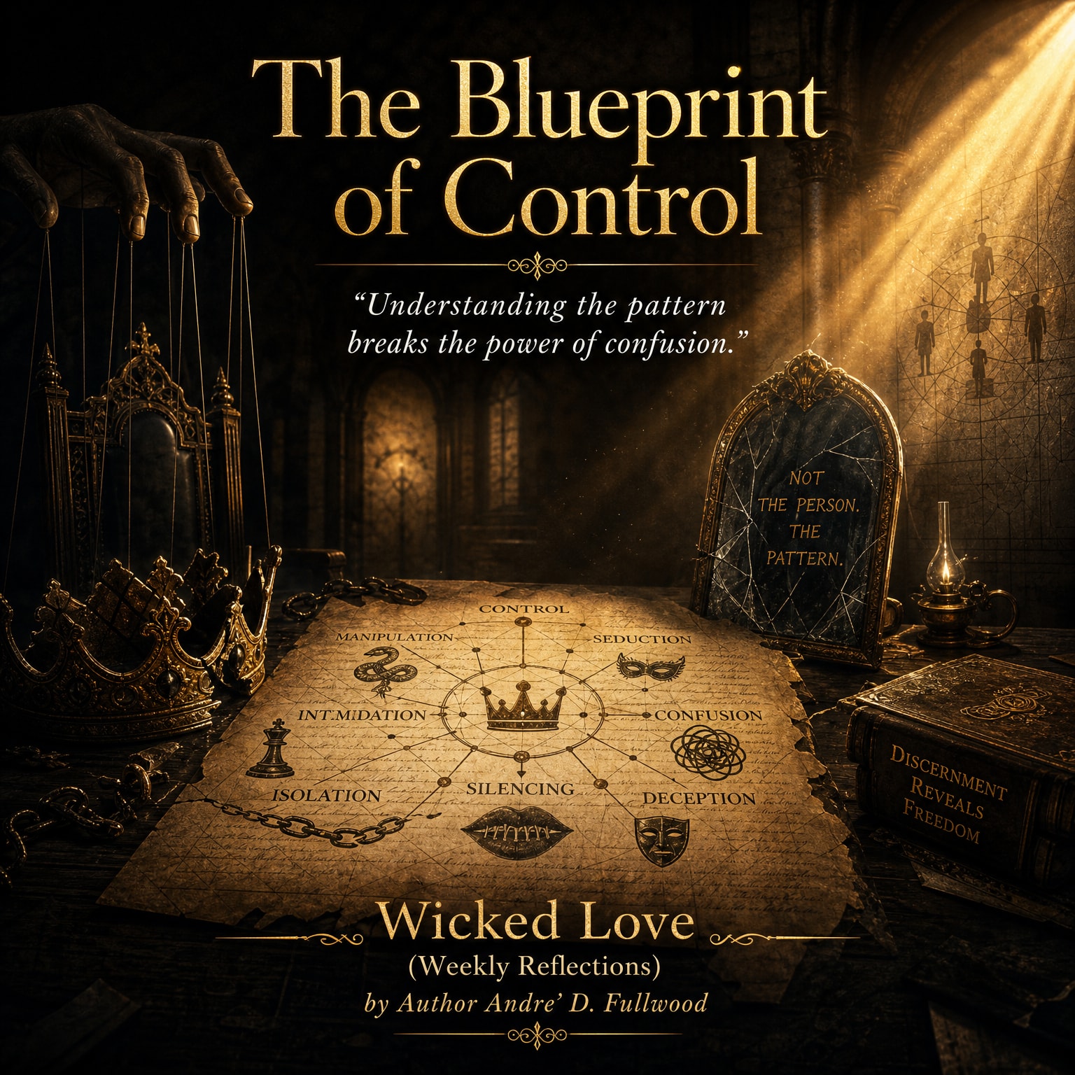 Wicked Love Weekly Reflections artwork titled The Blueprint of Control, showing a puppet master's hand, a map of manipulation, intimidation, isolation, silencing, deception, and confusion, and a shattered mirror