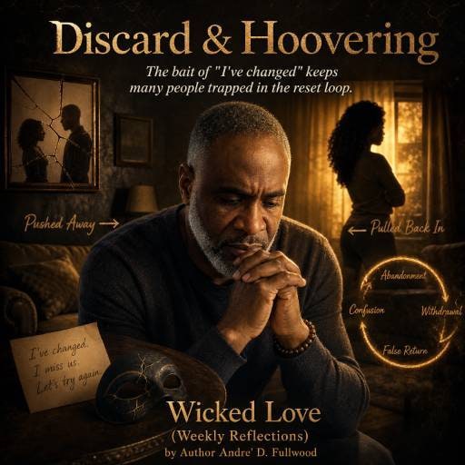 Wicked Love Weekly Reflections artwork titled Discard and Hoovering, showing Andre’ Fullwood in prayer between a shadowed couple and a circular pattern of abandonment, confusion, withdrawal, and false return