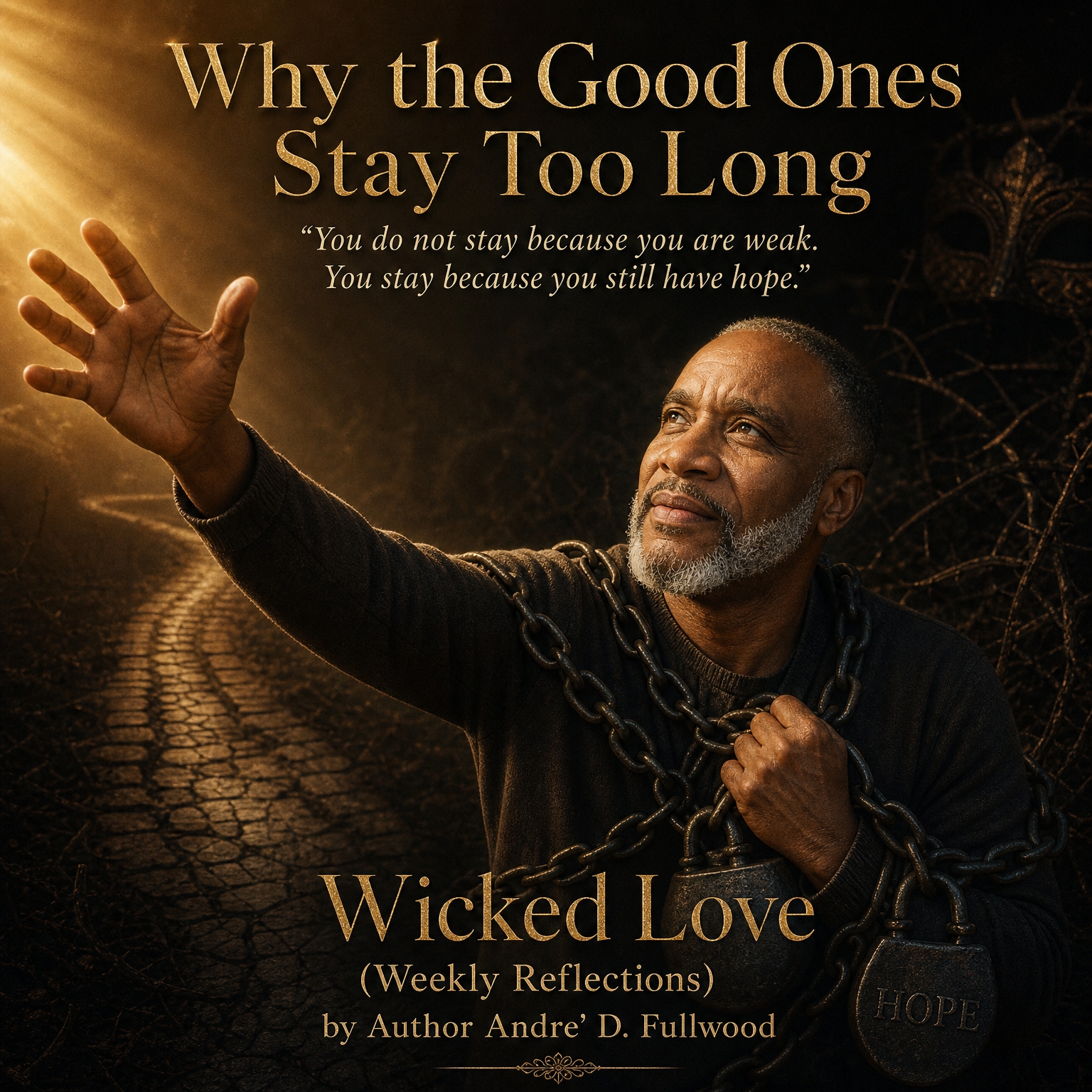 Wicked Love Weekly Reflections artwork titled Why the Good Ones Stay Too Long, showing Andre’ Fullwood reaching toward light while wearing chains marked Hope