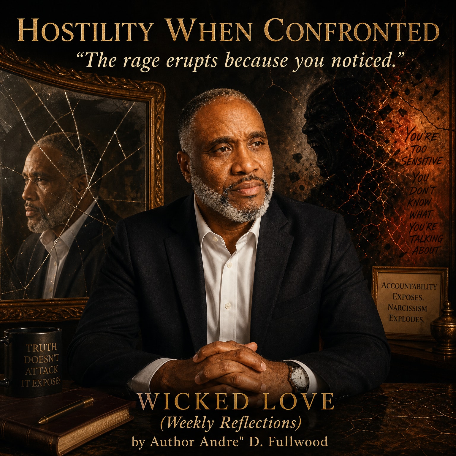 Wicked Love Weekly Reflections artwork titled Hostility When Confronted, showing Andre’ Fullwood between a cracked mirror and an angry shadow, with imagery about truth and accountability.