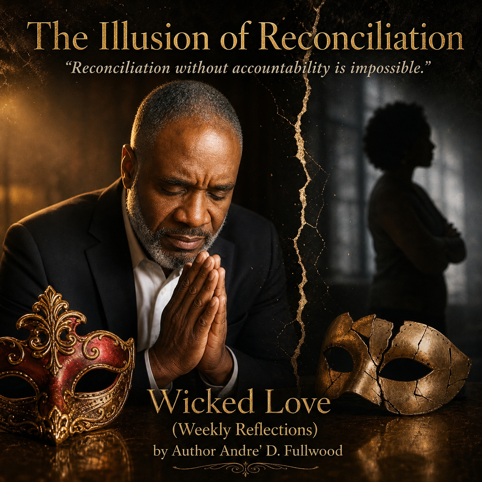 Wicked Love Weekly Reflections cover titled The Illusion of Reconciliation, showing a man in prayer, fractured masks, and a shadowed figure