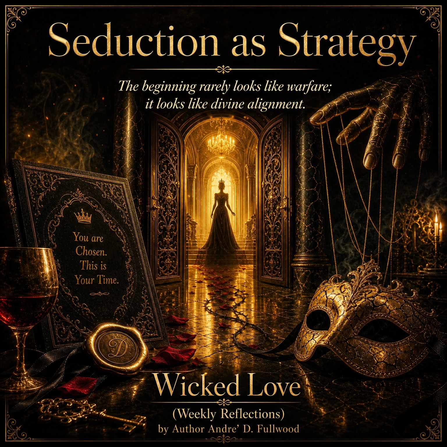 Wicked Love Weekly Reflections artwork titled Seduction as Strategy, showing a crowned figure in a golden doorway, a puppet-master hand, a mask, and a book reading You are Chosen. This is Your Time.