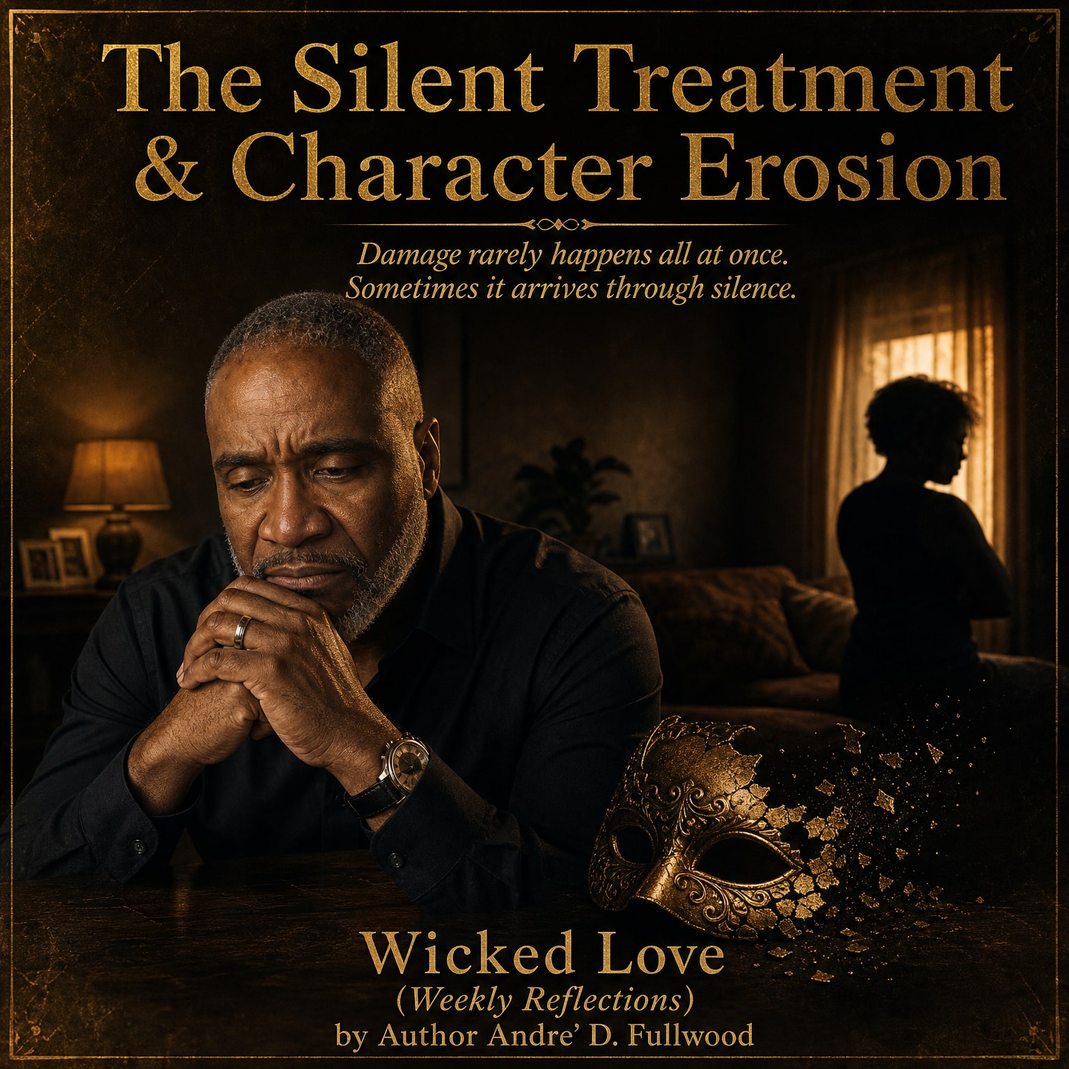 Wicked Love Weekly Reflections artwork titled The Silent Treatment and Character Erosion, showing Andre’ Fullwood in reflection beside a distant shadowed woman and a breaking mask
