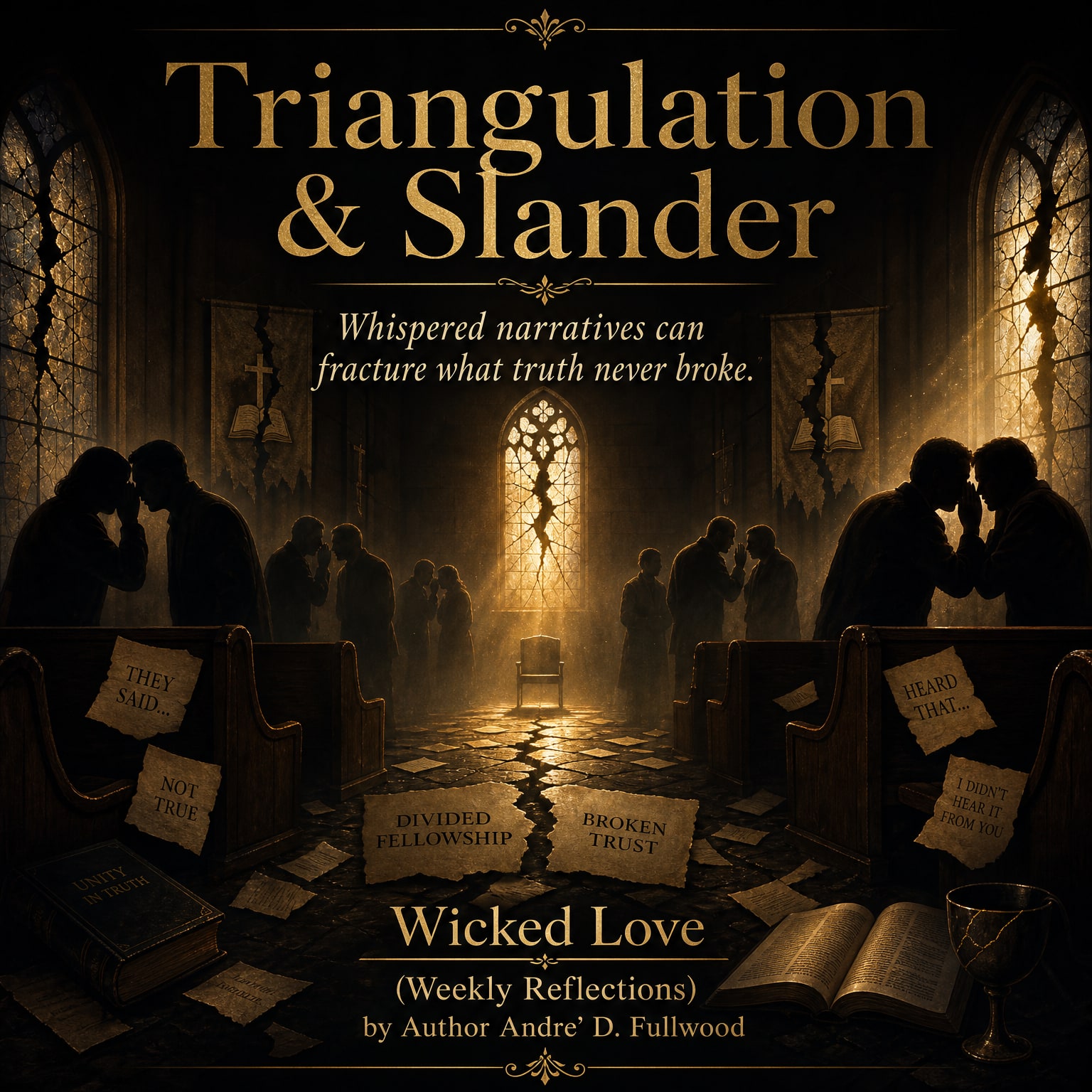 Wicked Love Weekly Reflections artwork titled Triangulation and Slander, showing a dark church sanctuary, fractured stained-glass windows, whispering figures, and scattered notes representing broken trust.
