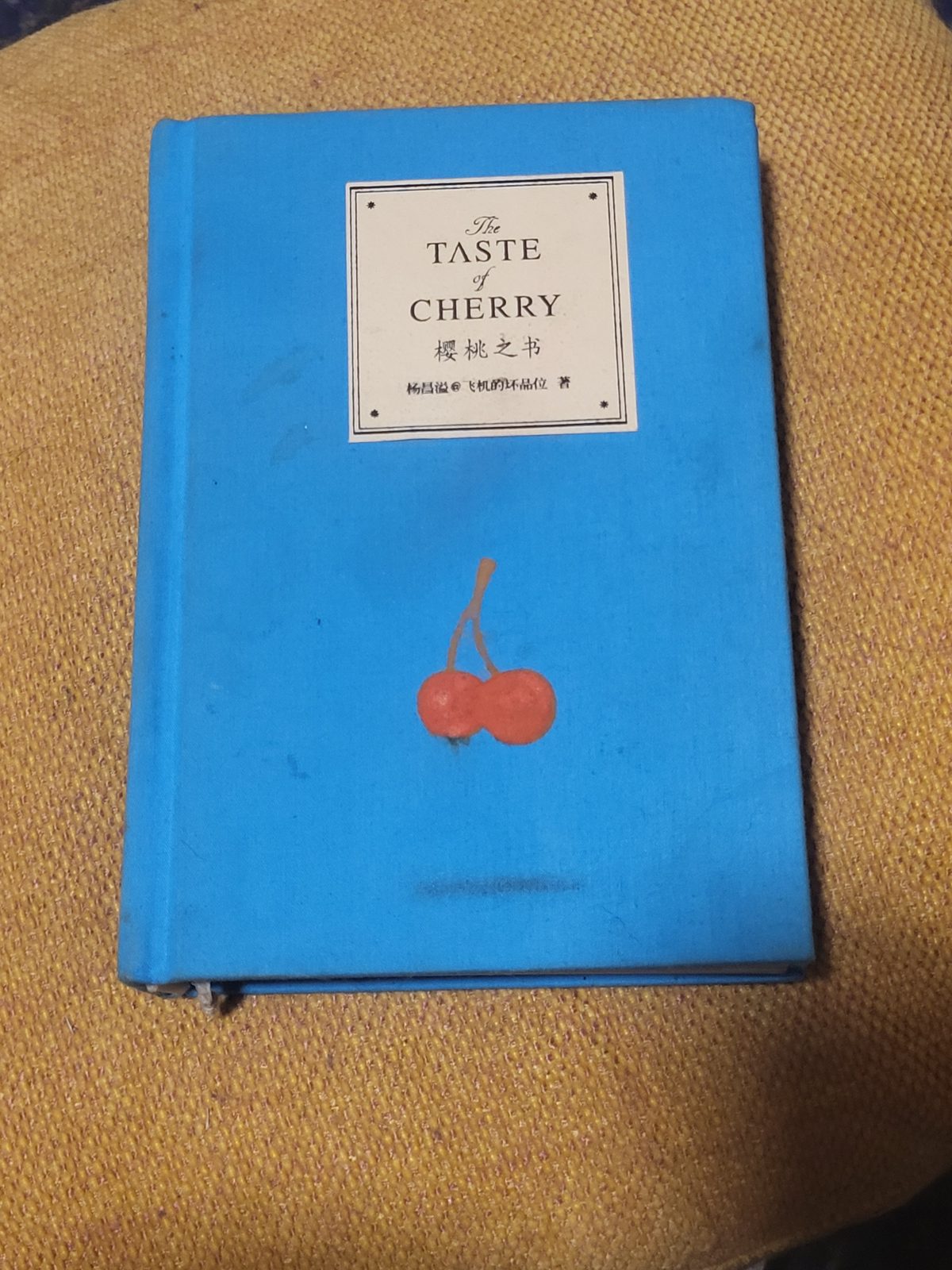 Bright blue linen Taste of Cherry book box with red cherry detail on its cover