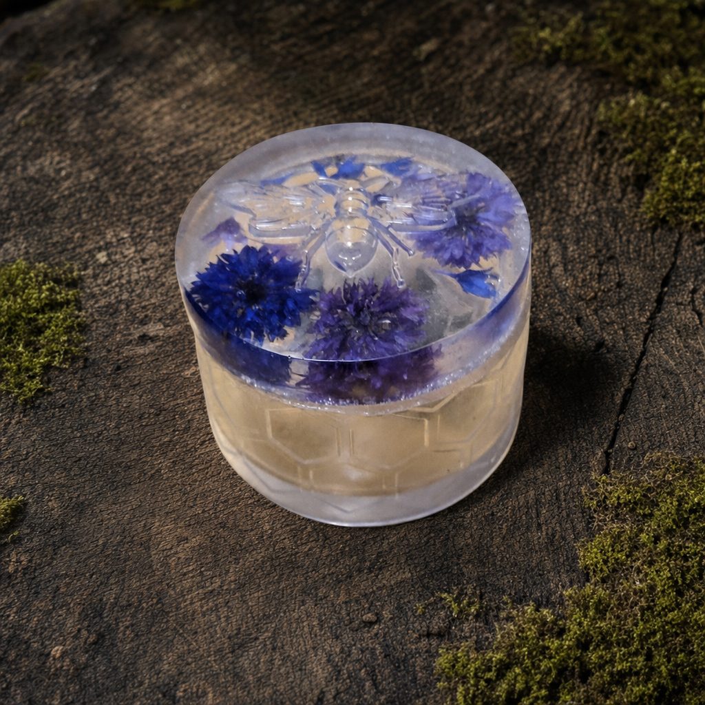 Frosted resin bee and honeycomb trinket box with dried blue cornflowers on dark woodland wood