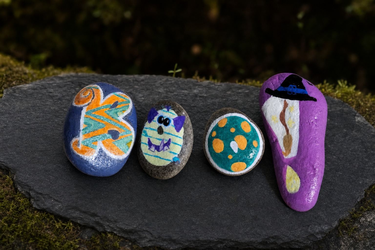 Four original Halloween-painted stones spelling B-O-O-! on dark slate