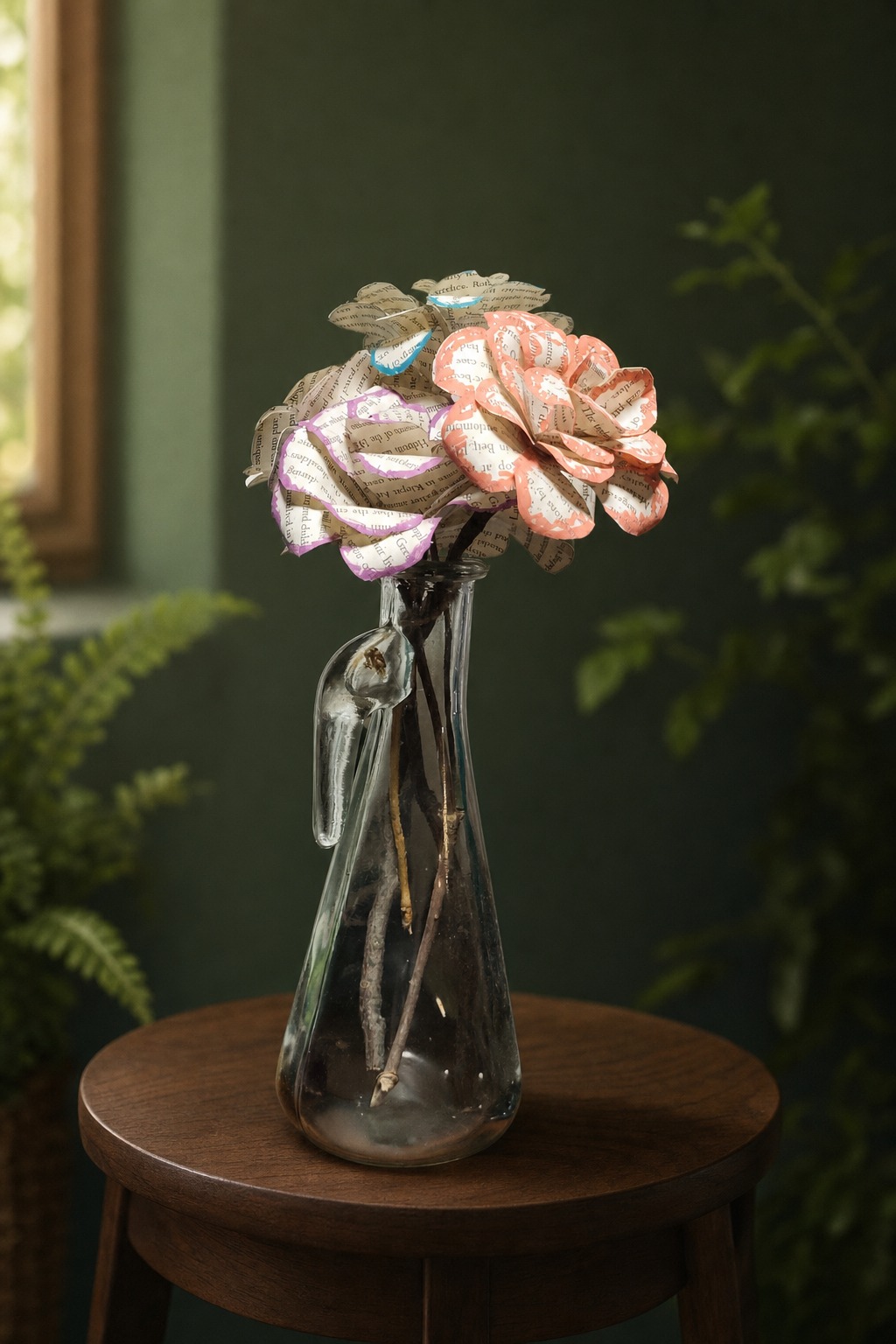 Book-page paper flower bouquet in a clear glass vase on a dark wooden accent table