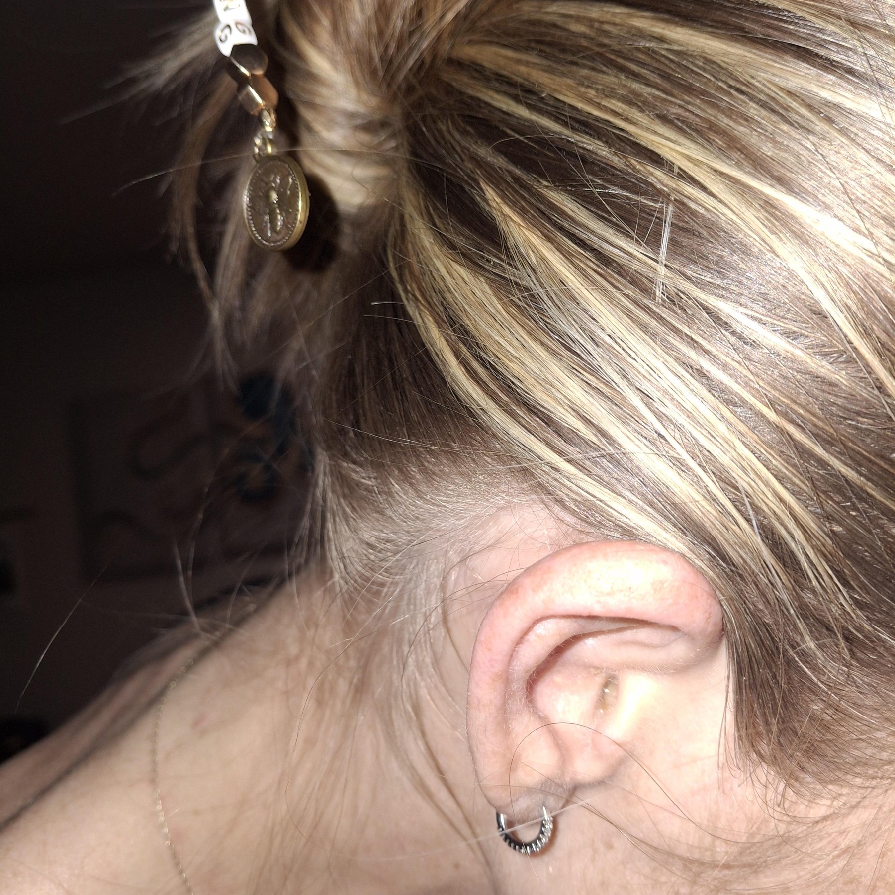 Side view of a charm accessory worn in hair