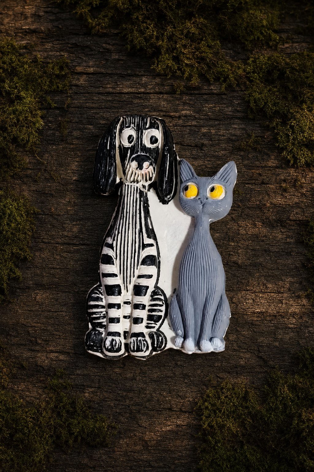 Jung’s clay dog and cat artwork on dark wood with moss