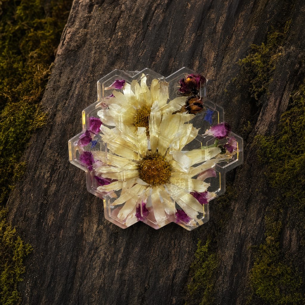 Honeycomb resin coaster filled with large dried flowers on dark woodland wood
