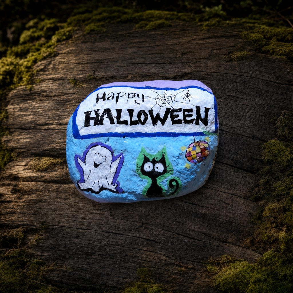 Happy Halloween painted rock with a dancing ghost, colorful disco ball and startled shaggy black cat