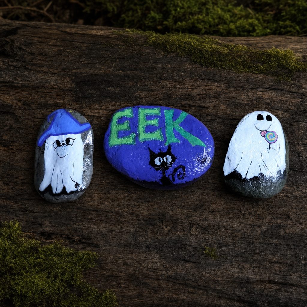 Three Halloween painted rocks: a purple EEK black cat between a witch-hat ghost and a ghost holding a rainbow lollipop