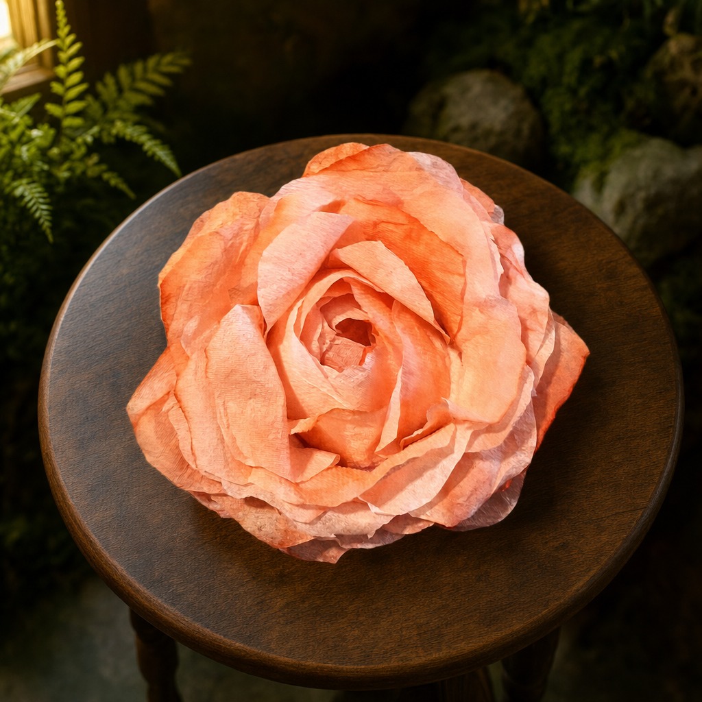 Handmade coral paper flower resting on a small dark wooden accent table in a warm green setting
