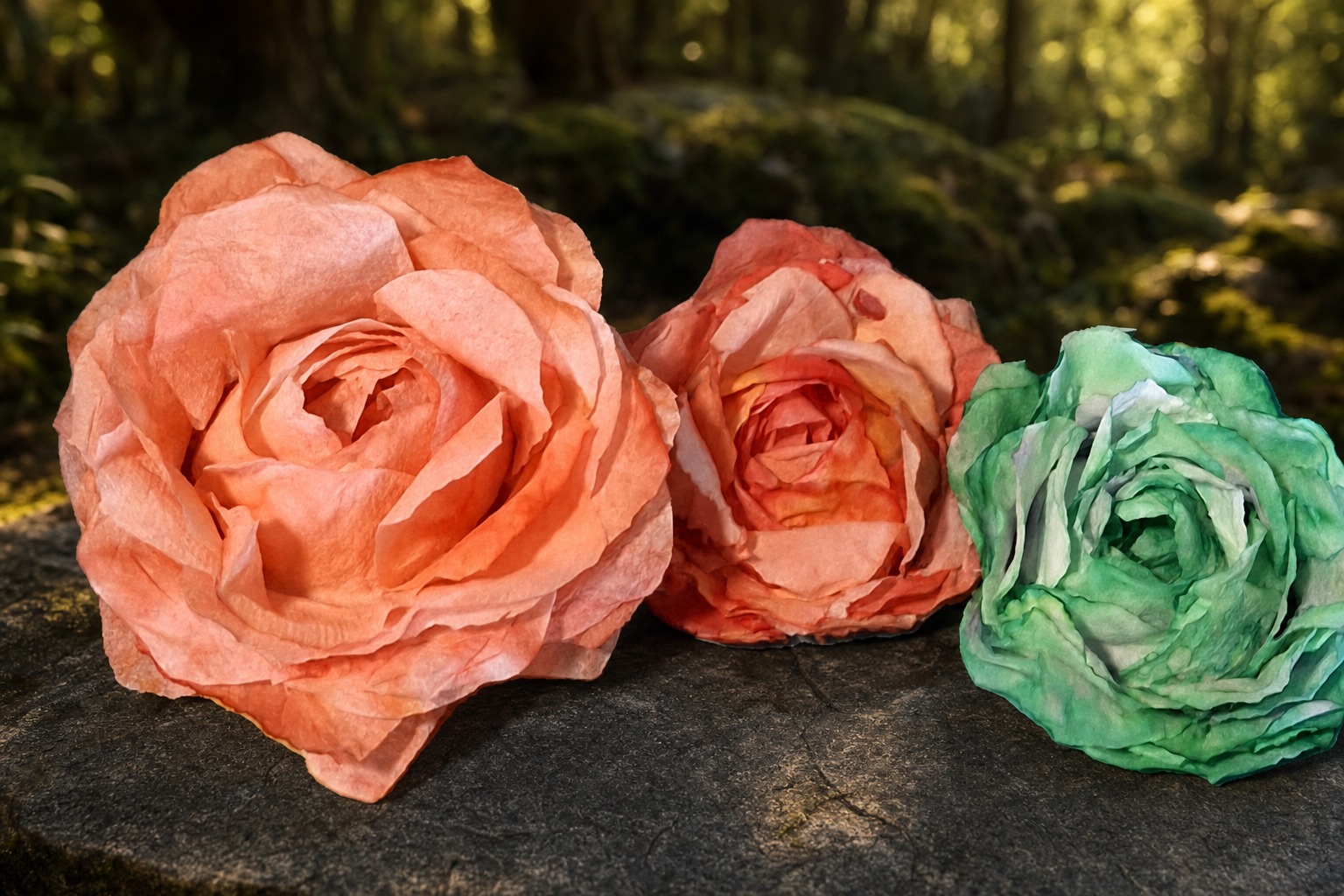 Two coral and one mint handmade paper flowers displayed on dark stone in a mossy forest setting