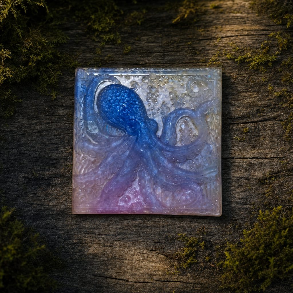 Blue and purple pearlescent resin octopus panel with raised sea details on dark woodland wood