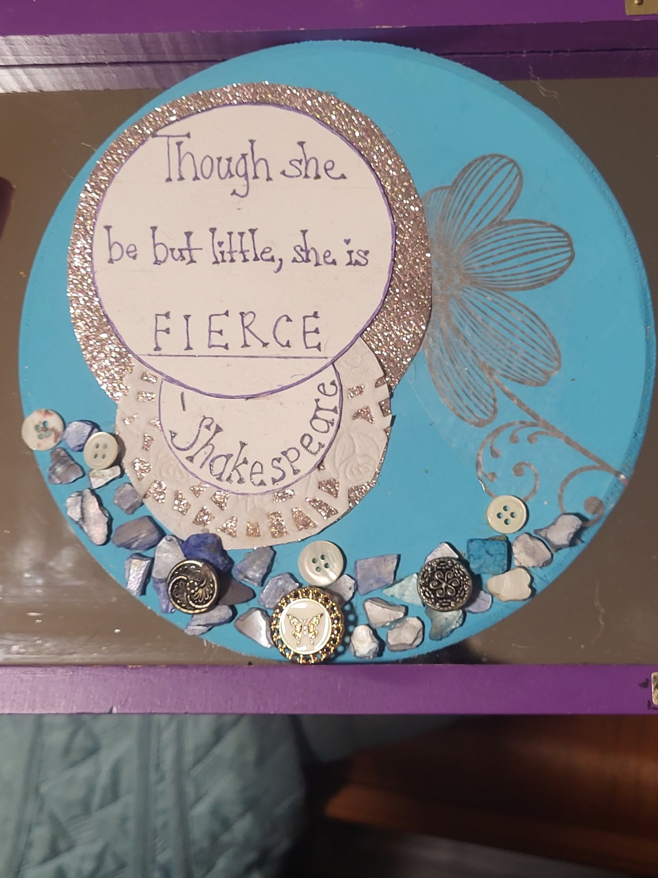 Turquoise Shakespeare quote wall art with antique embossed metal buttons and abalone shell chips