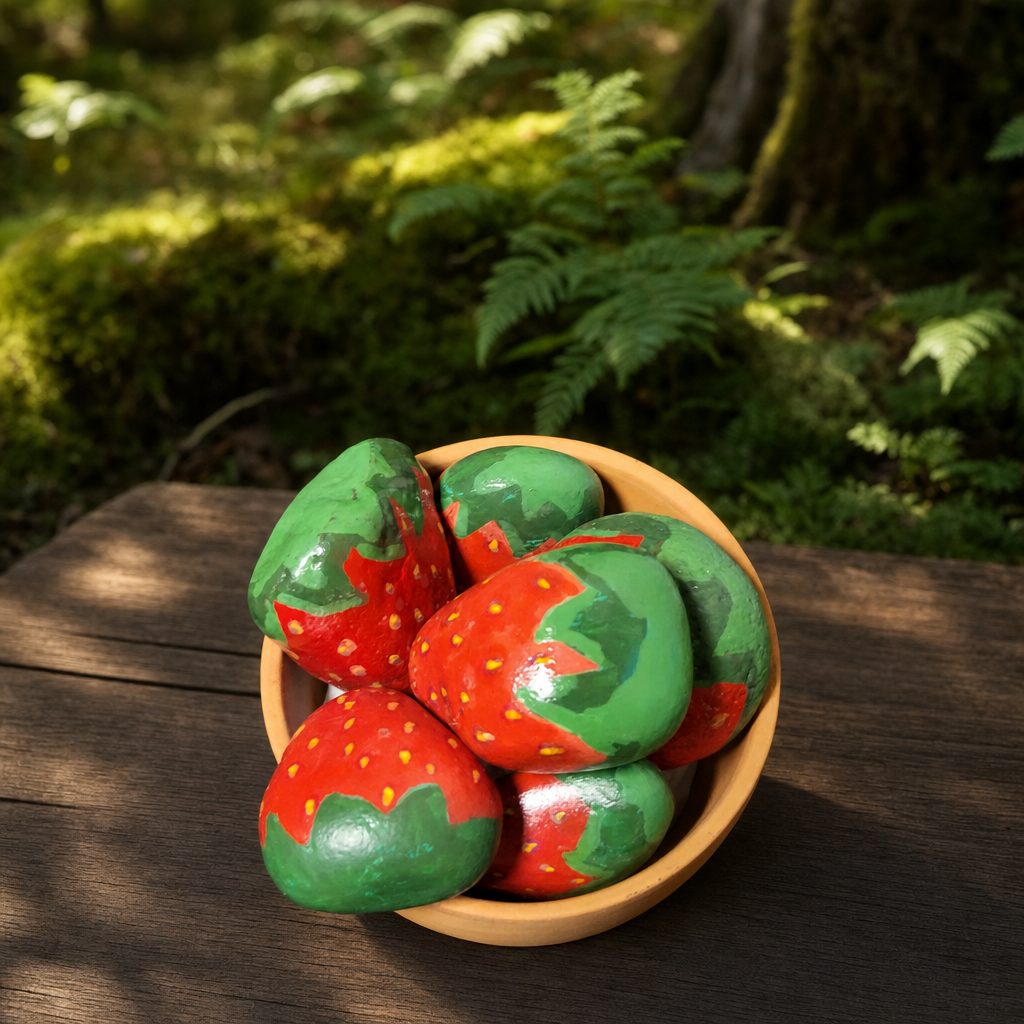 Overhead view of six hand-painted strawberry stones in a terracotta display pot on clean wood with forest greenery