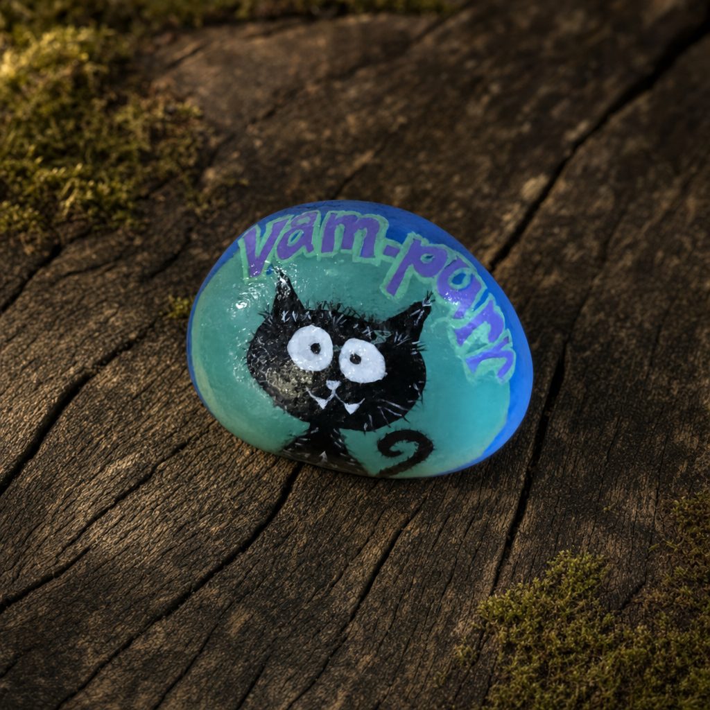 Turquoise Vampurr Halloween painted rock with purple and green lettering and a wide-eyed black vampire cat