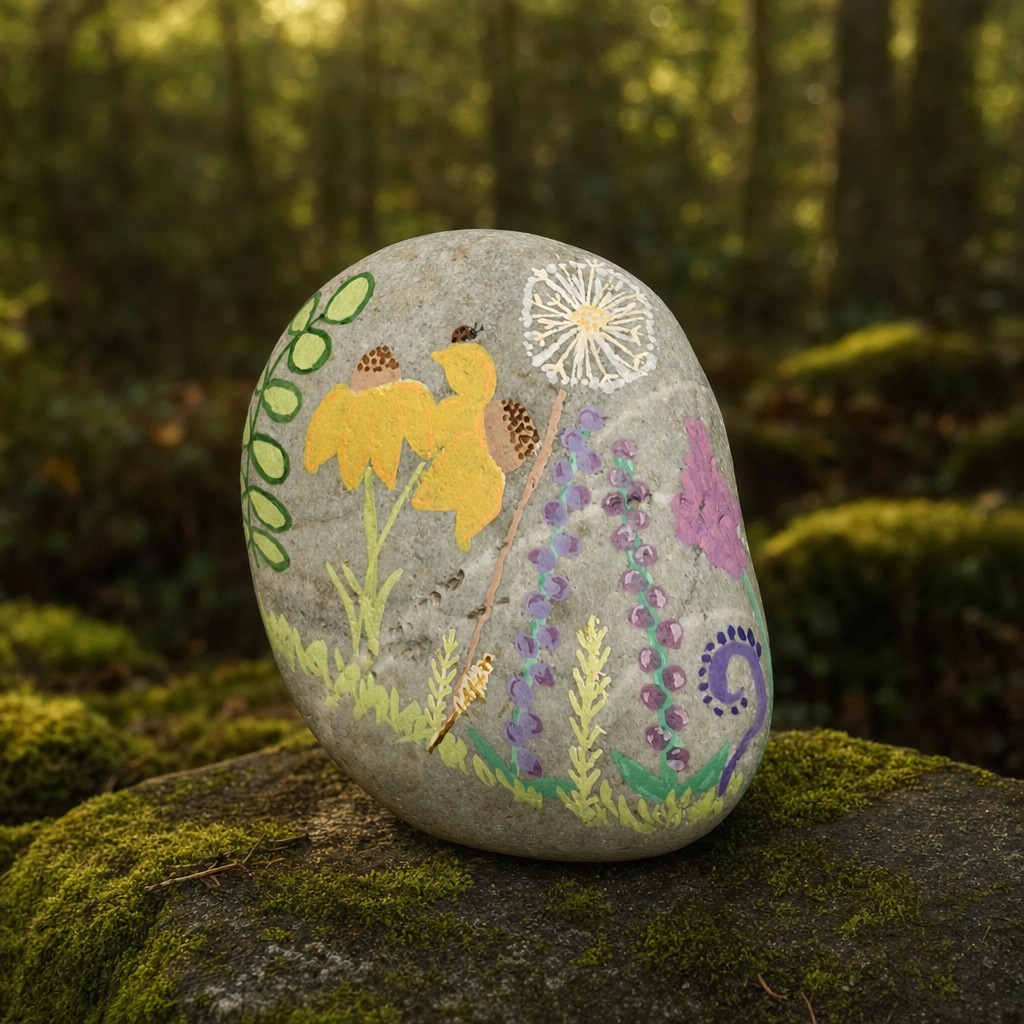 Natural stone hand-painted with yellow and purple flowers, green leaves, and a white dandelion, in a mossy forest setting