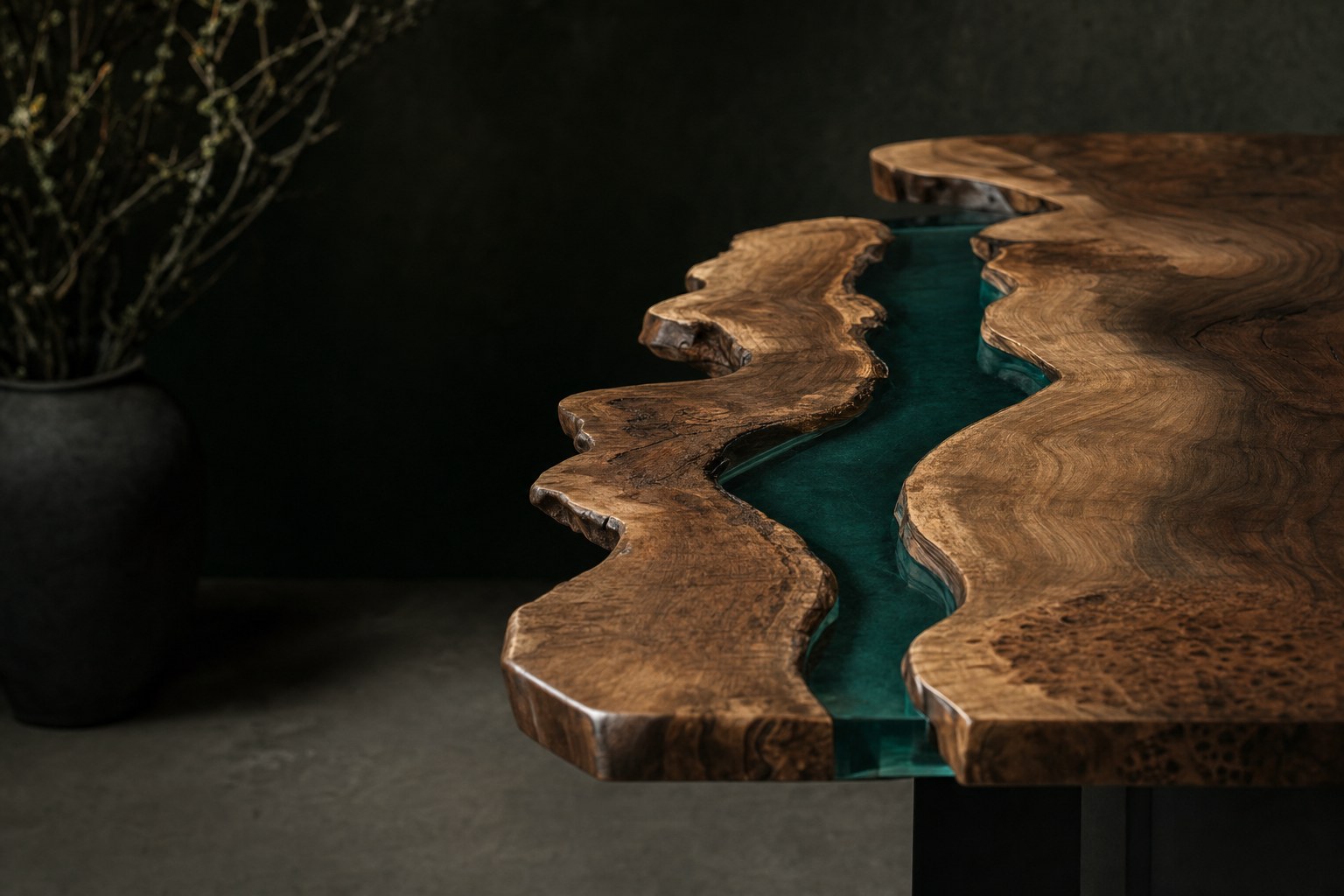 Illustrative live-edge walnut table with a deep mineral-green resin channel