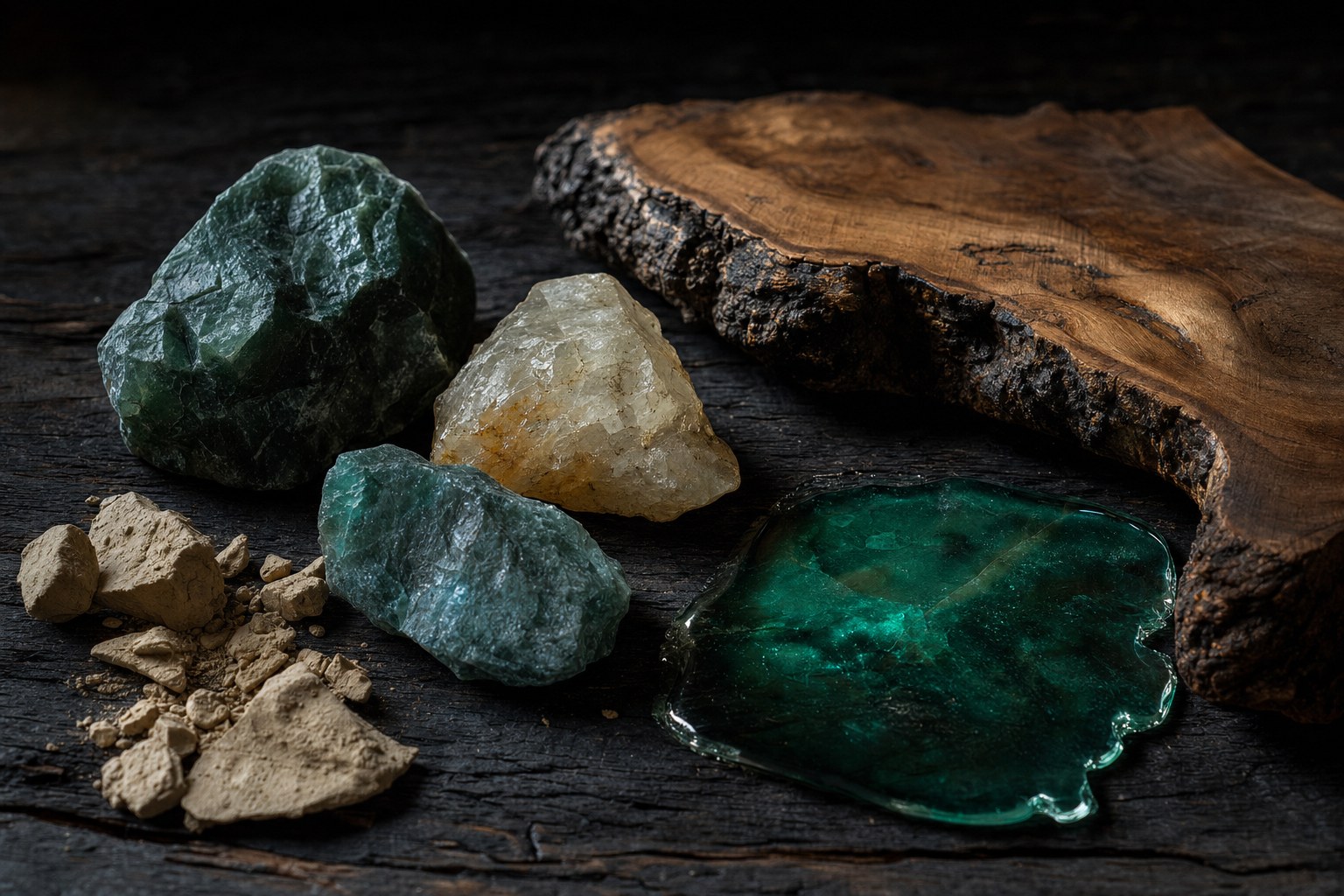 Illustrative collection of wood, stone, clay, and mineral resin materials