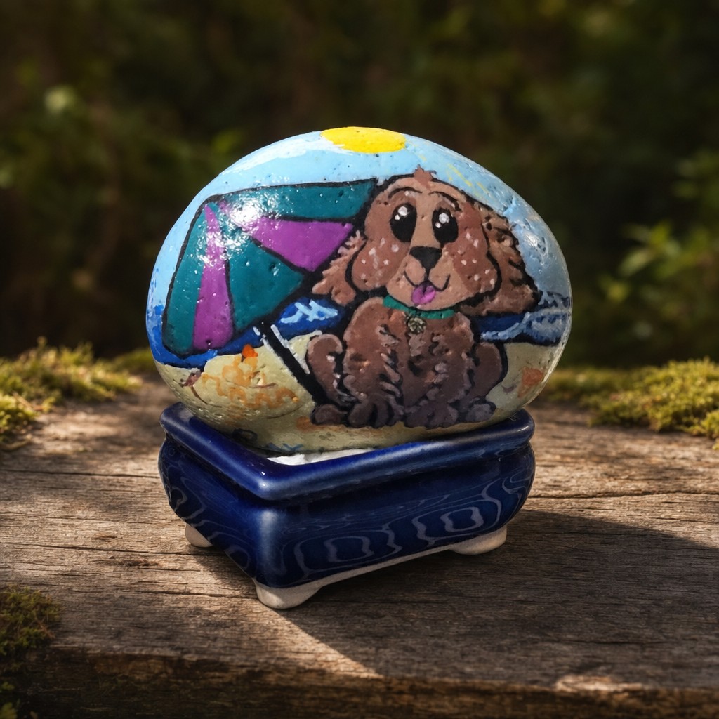 Custom hand-painted rock art of Ray the dog in a beach scene, displayed on a blue ceramic base