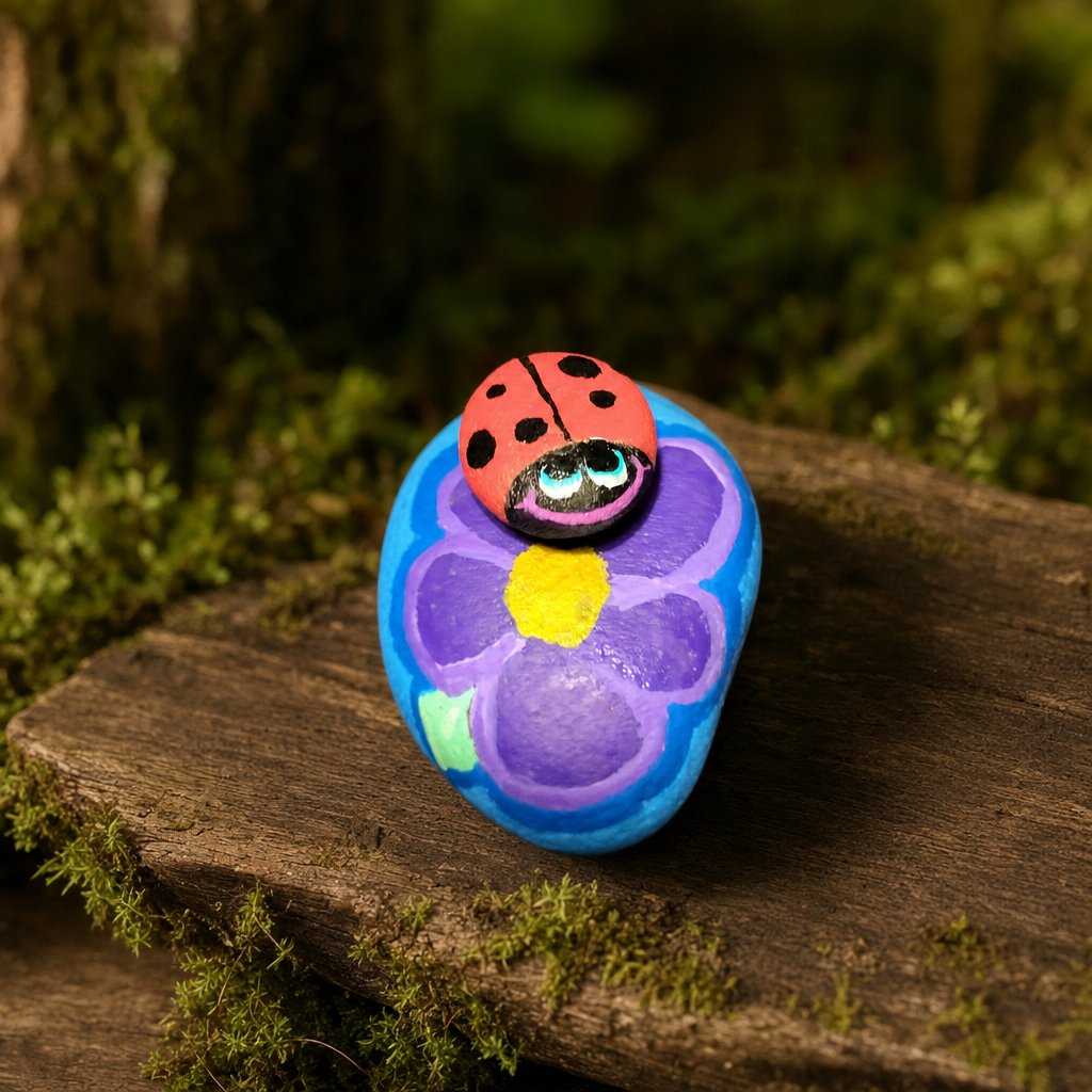 Small red ladybug pebble with a smiling face resting on a purple flower-painted rock