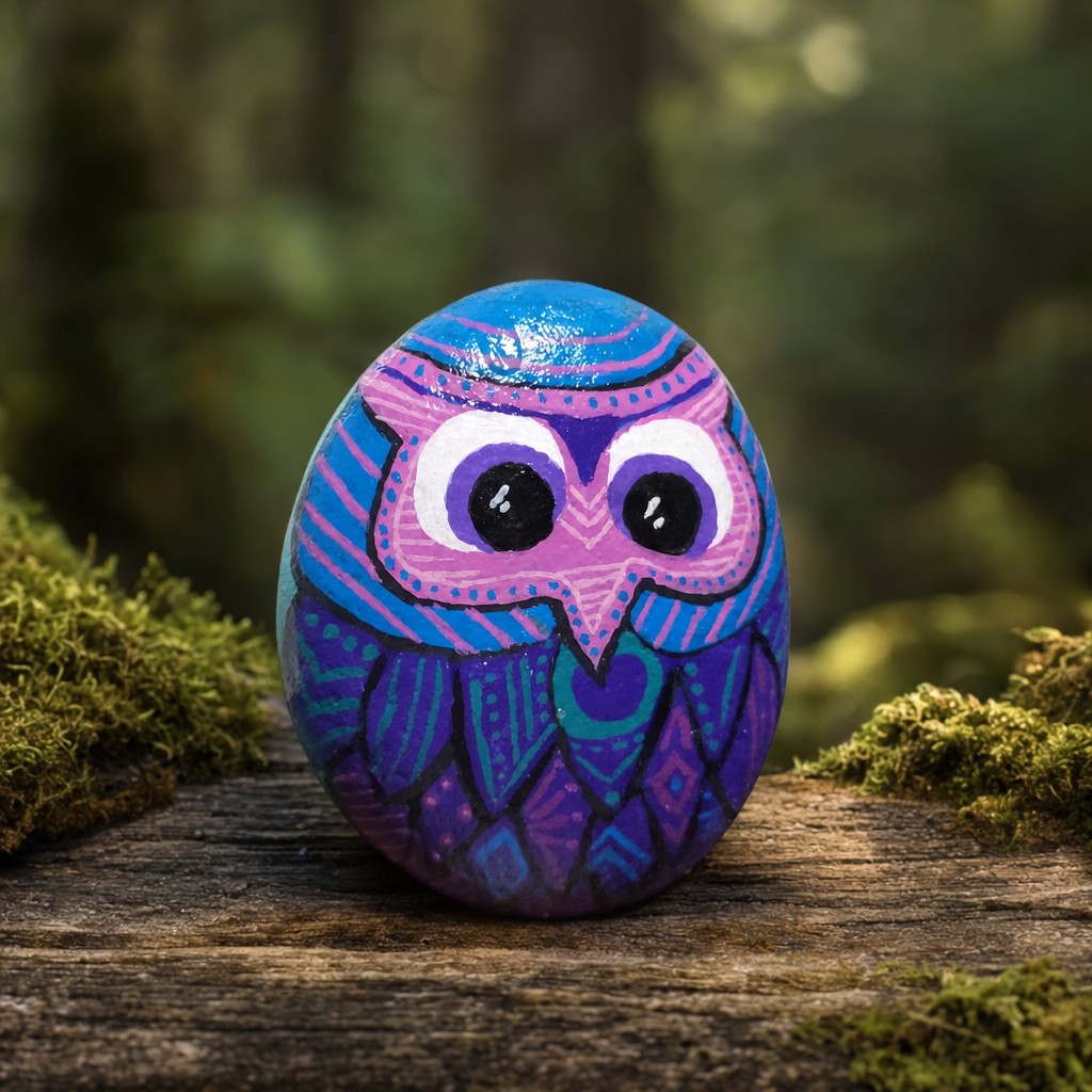 Large hand-painted river rock owl with purple, pink, teal and blue feathers decorated with intricate geometric patterns