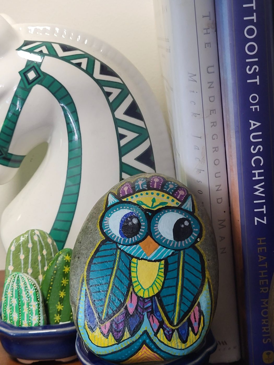 Teal & gold owl, main view