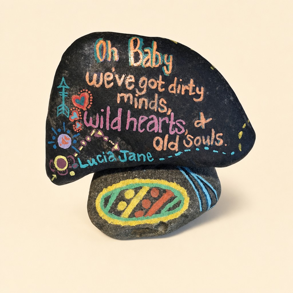Upright hand-painted stacked rock displaying a Lucia Jane quote, with a decorated stone base