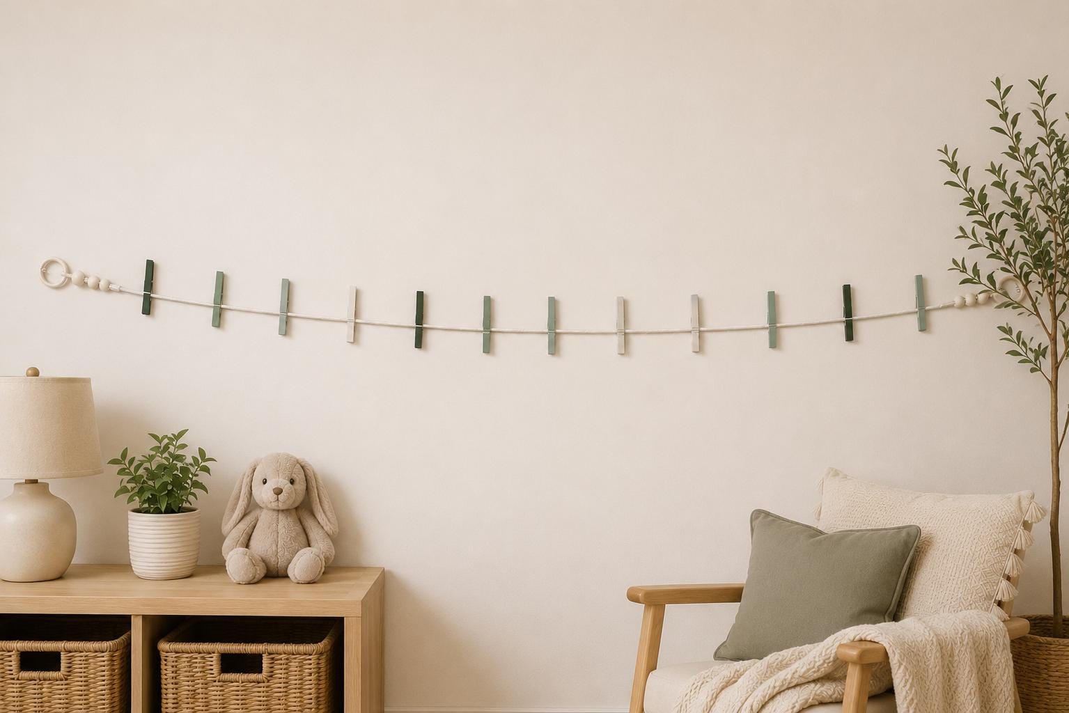 Sage green handmade clothespin garland displaying children's artwork in a warm family space