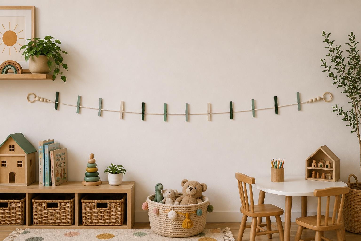 Close-up of painted wooden clothespins on a handmade garland