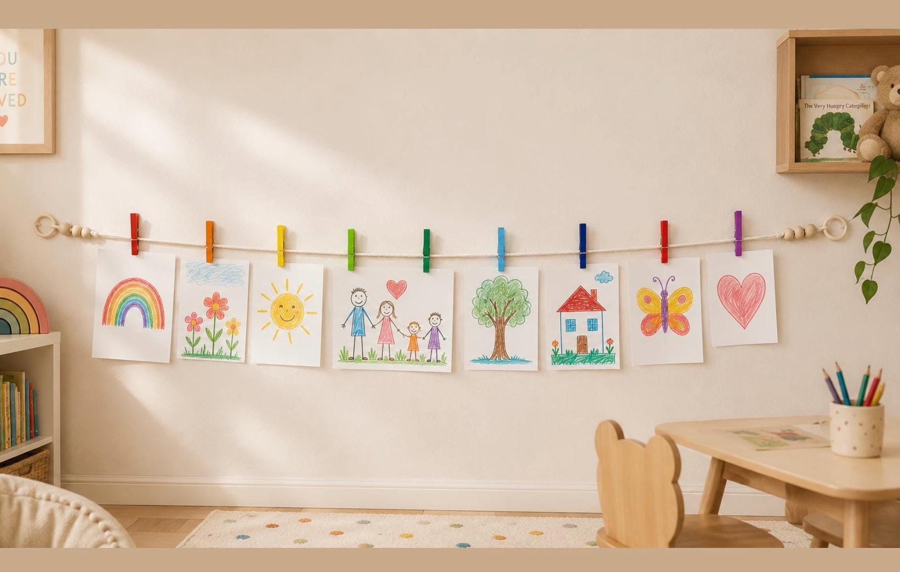 Rainbow Clothespin Garland | Kids Art Display, Photos, Cards | Classroom Decor displayed with children's artwork