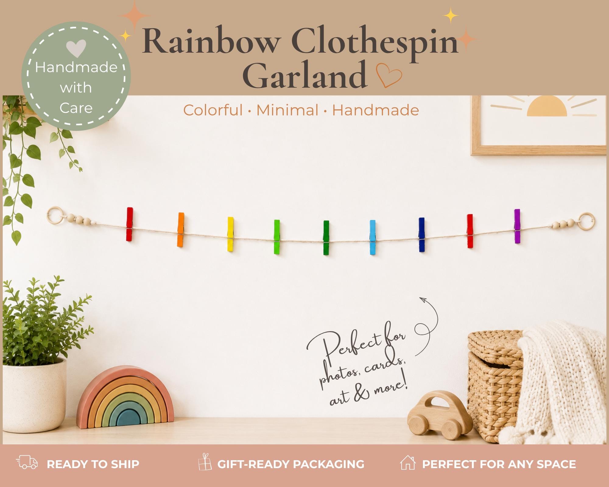 Rainbow Clothespin Garland, product view 2