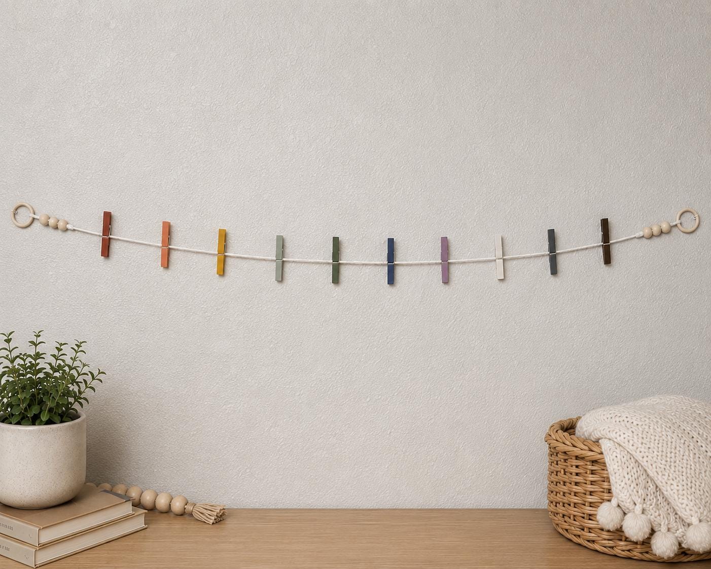 Joyful Rainbow clothespin garland holding children's artwork