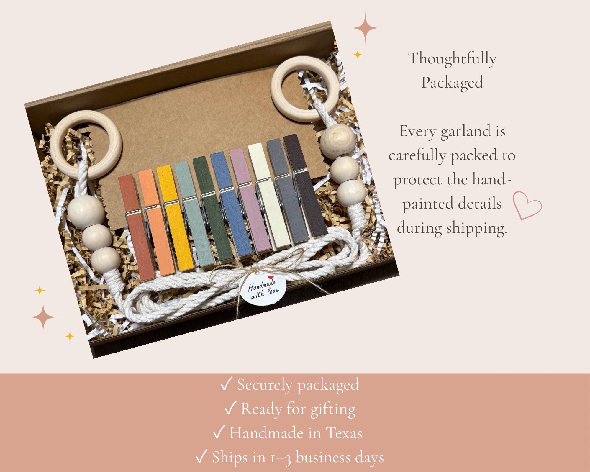 Boho Rainbow Clothespin Garland, detail 9