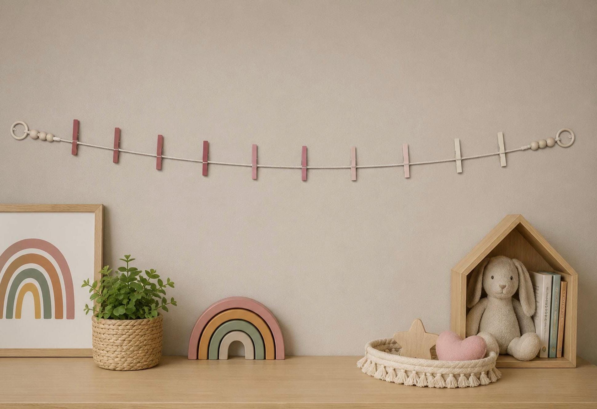 Blush Pink Clothespin Garland | Kids Artwork Display, Photos, Cards | Handmade Wall Decor displayed with children's artwork