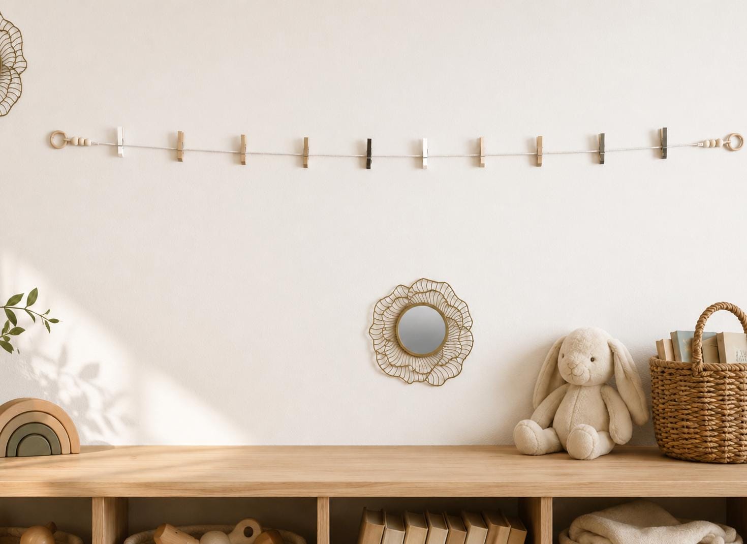 Calm Neutrals clothespin garland holding children's artwork