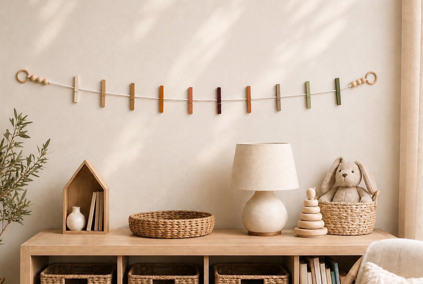 Terracotta & Olive Clothespin Garland | Kids Artwork Display, Photos, Cards | Handmade Wall Decor displayed with children's artwork