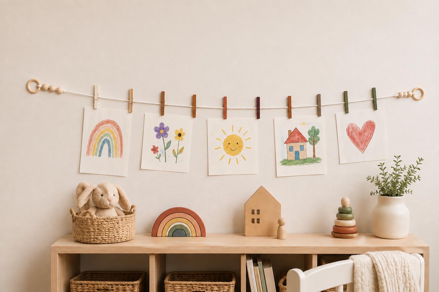 Hand-painted wooden clothespins and natural cotton rope used in a handmade garland