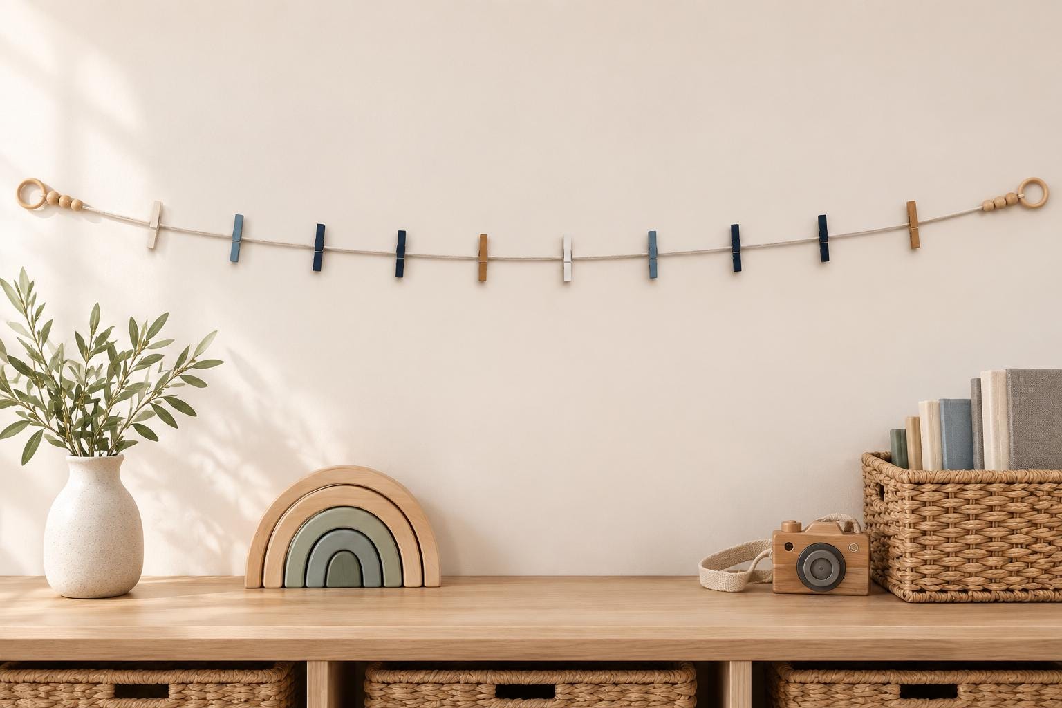 Dusty Blue Art Display Garland, Kids Artwork Photo Holder, Wooden Clothespin Wall Decor displayed with children's artwork