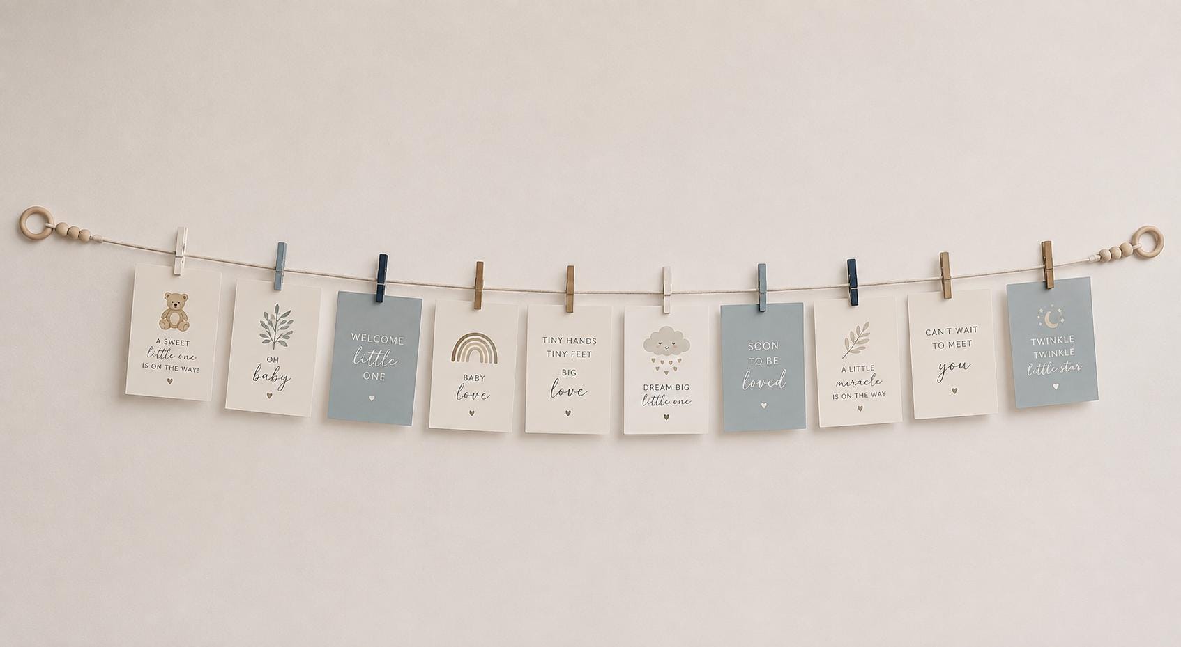 Dusty Blue Art Display Garland, Kids Artwork Photo Holder, Wooden Clothespin Wall Decor, product view 2