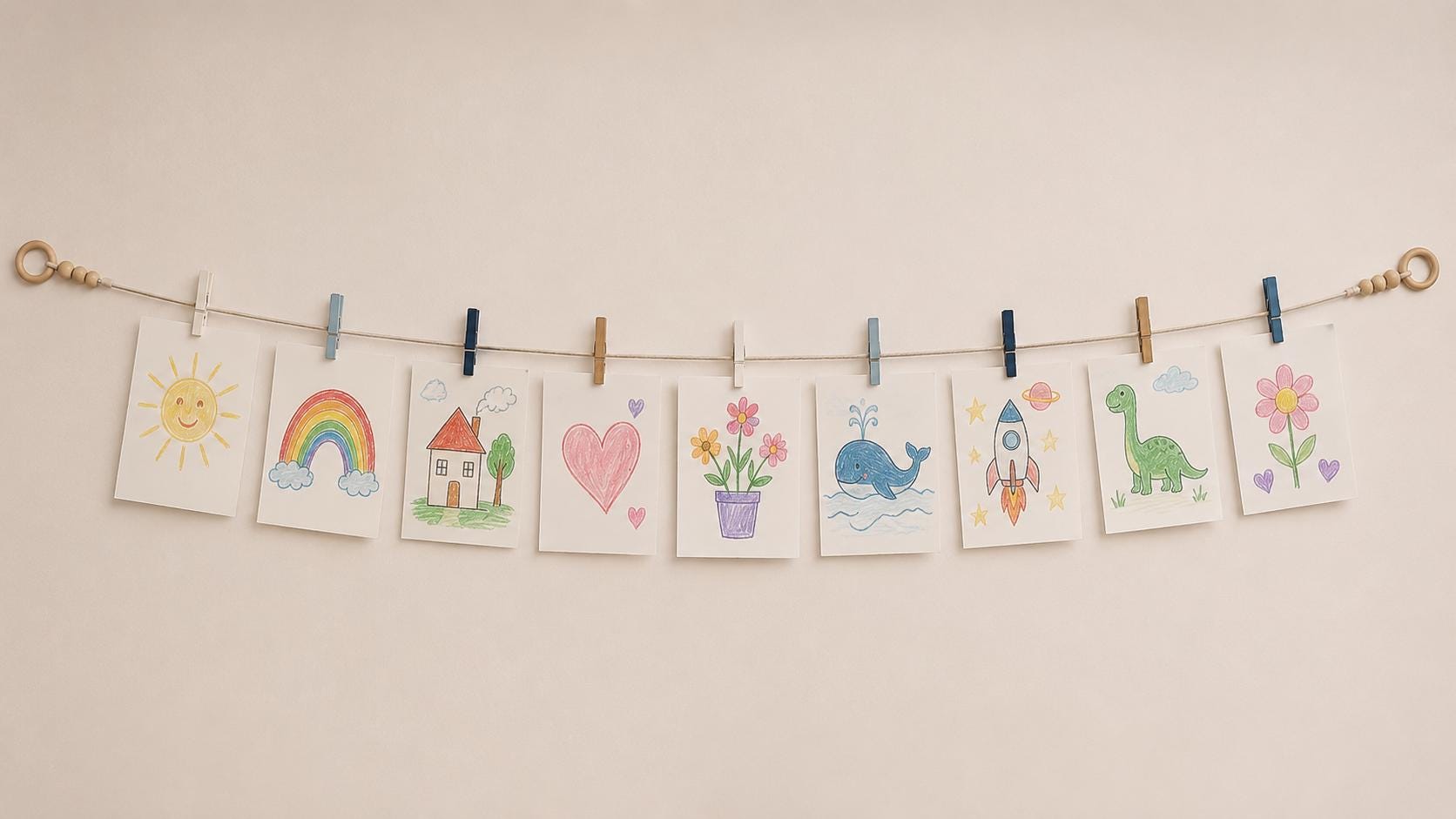 The memory line shown on a handmade children's artwork display garland