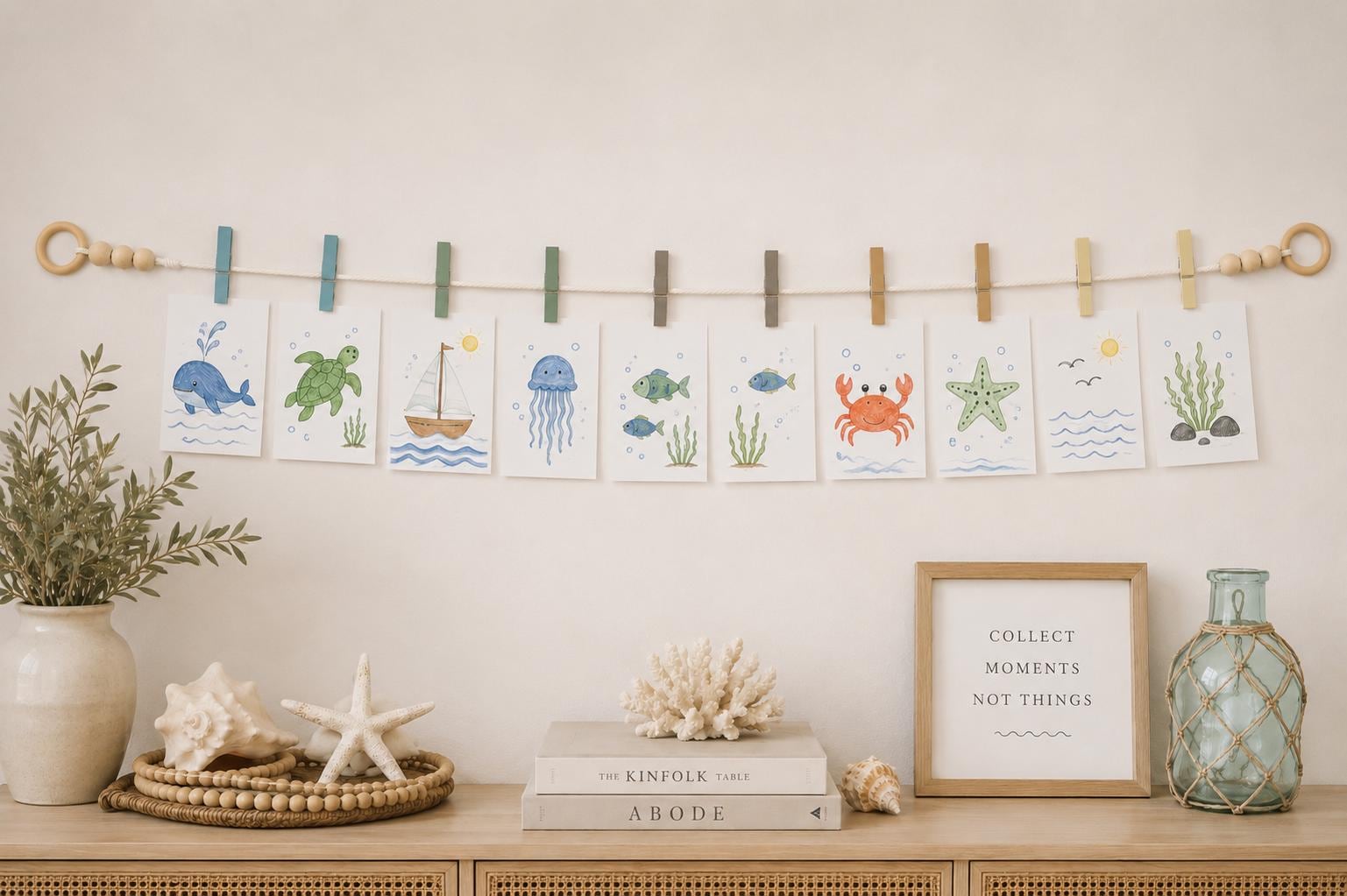 Coastal Clothespin Garland | Kids Artwork Display, Photos, Cards | Handmade Wall Decor displayed with children's artwork