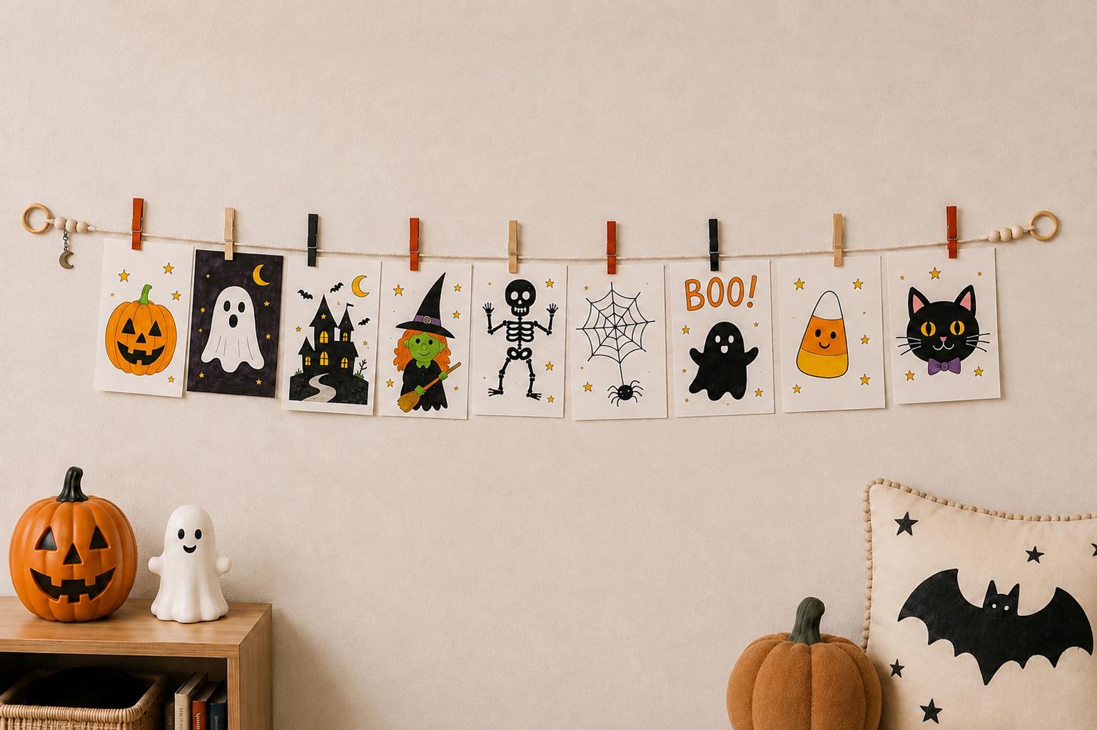 Handmade Halloween Clothespin Garland, Kids Art Display, Fall Mantle Decor displayed with children's artwork