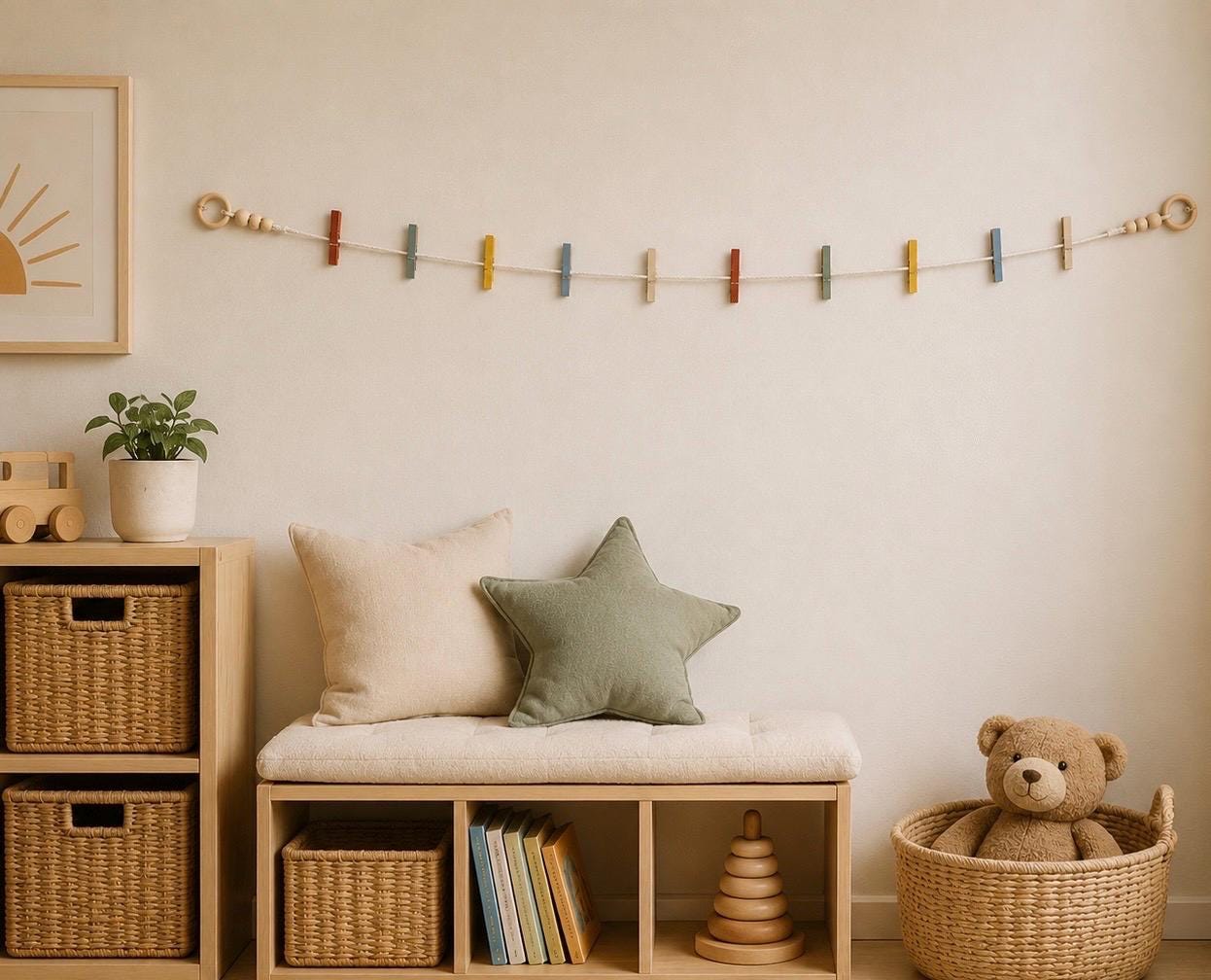 Vintage rainbow handmade clothespin garland displaying children's artwork in a family room